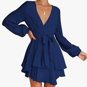 Navy Deep V-Neck Long Sleeve Flowy Ruffle Mini Dress With Waist Tie